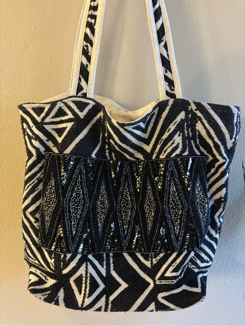Black & White Geometric Beaded Tote-Women’s Boho Shoulder Bag